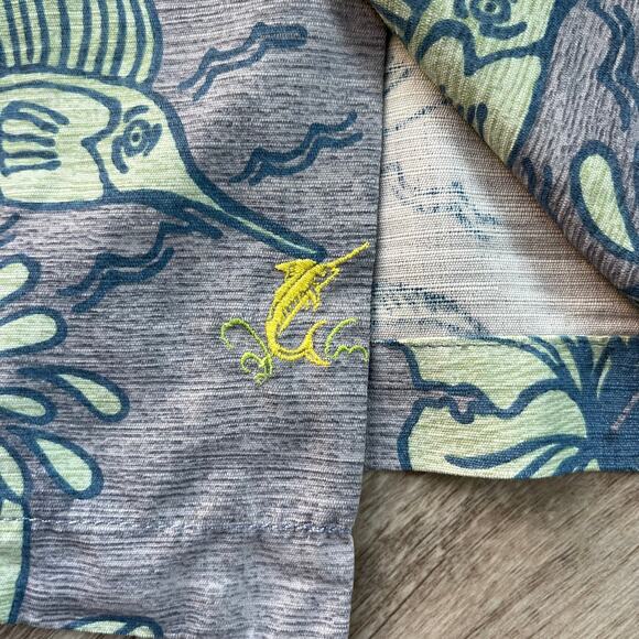 Tommy Bahama Men 100% Silk Hawaiian Shirt Medium Gray Blue Marlin Floral Print - Picture 9 of 10